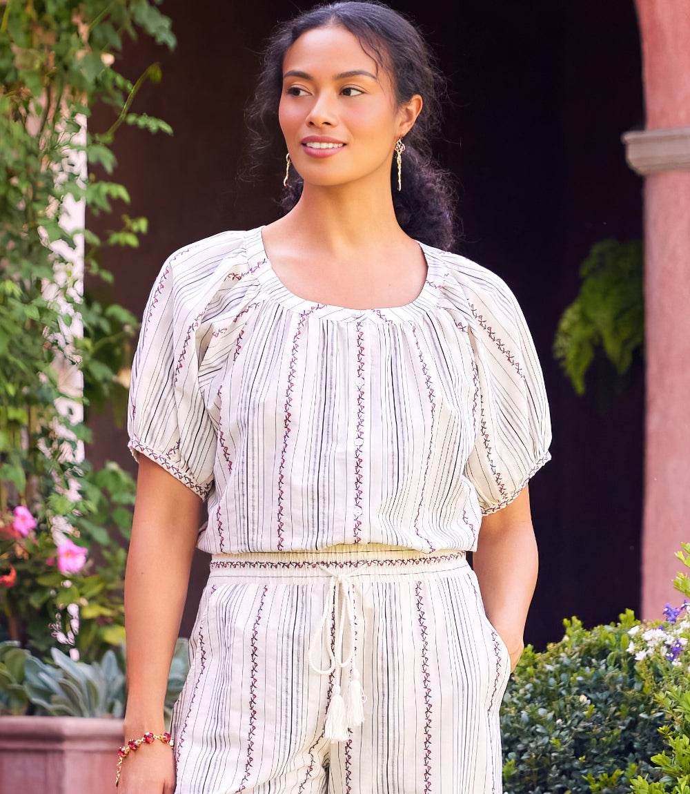 Stripe Puff Sleeve Embroidered Peasant Top - Image 2