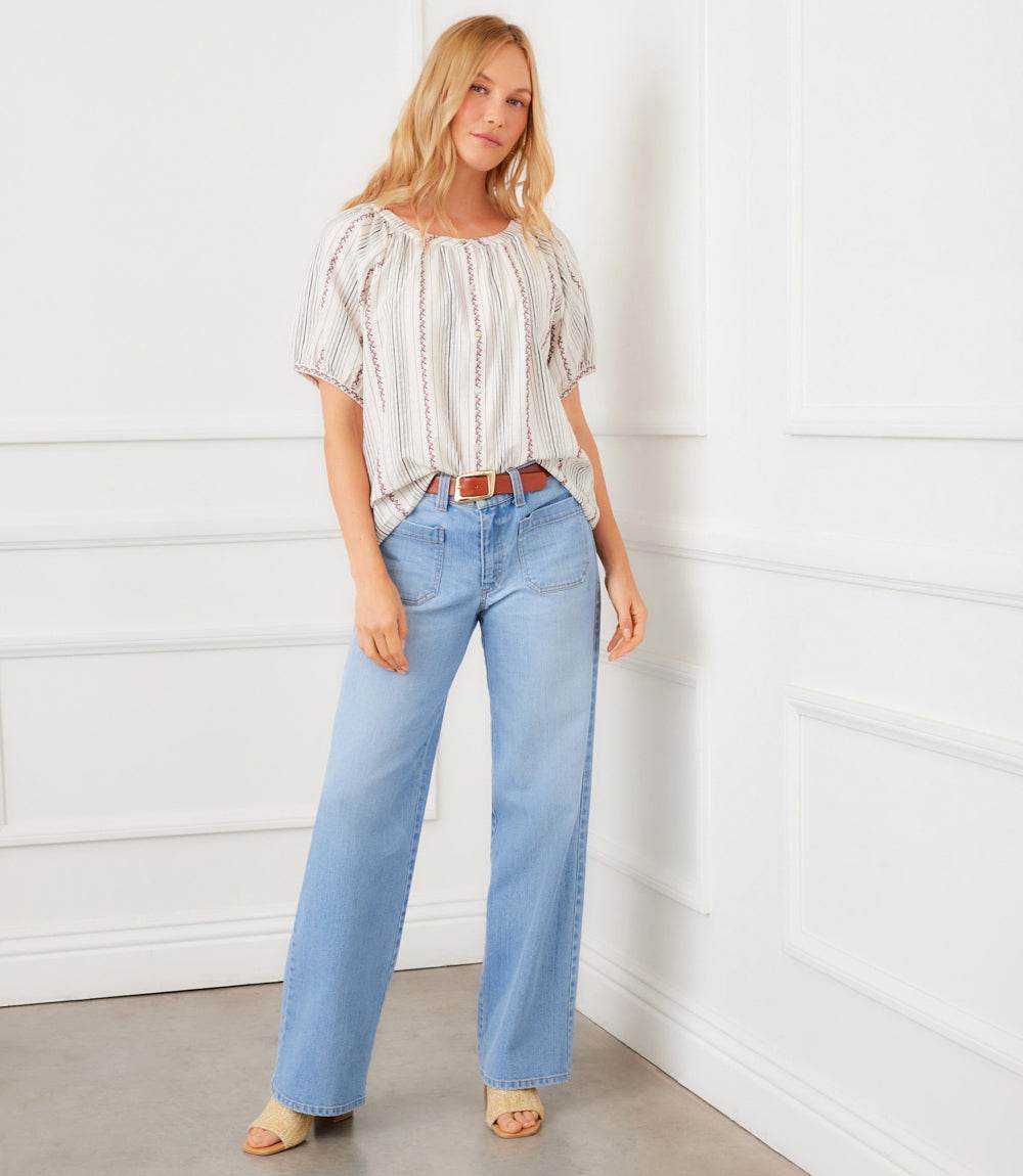 Stripe Puff Sleeve Embroidered Peasant Top - Image 3