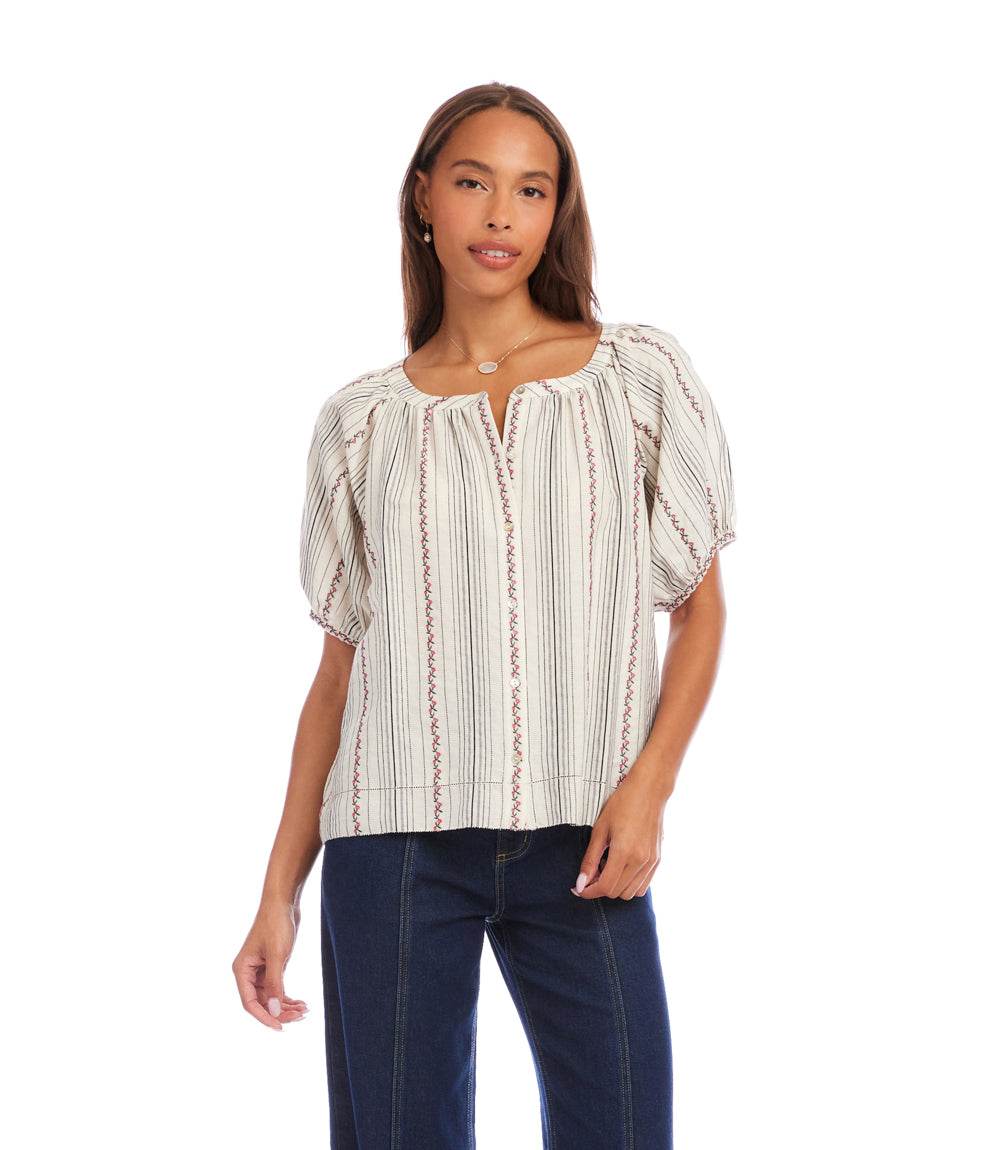 Stripe Puff Sleeve Embroidered Peasant Top - Image 4