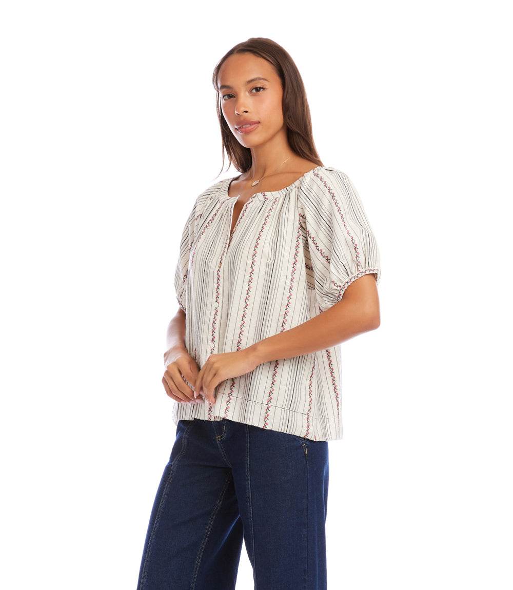 Stripe Puff Sleeve Embroidered Peasant Top - Image 5