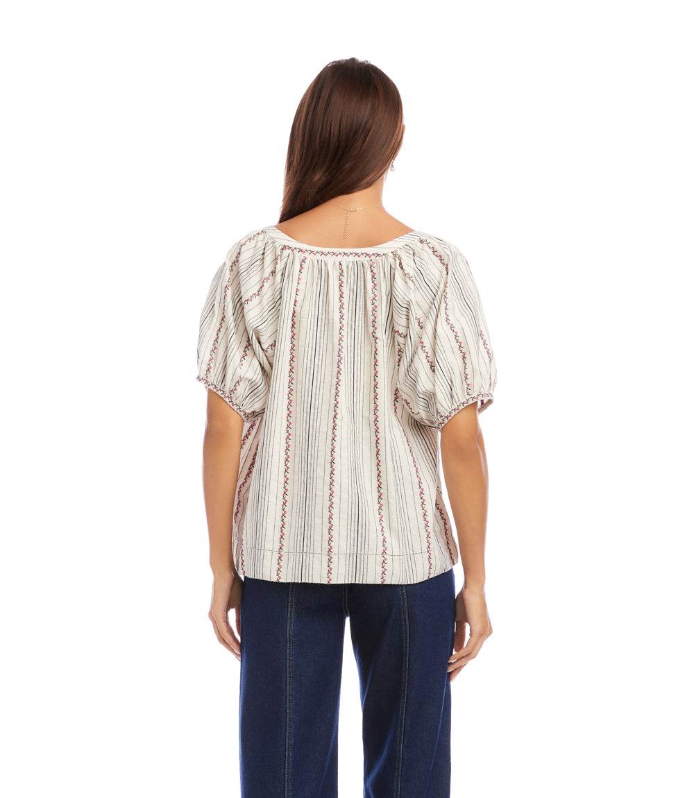 Stripe Puff Sleeve Embroidered Peasant Top - Image 6