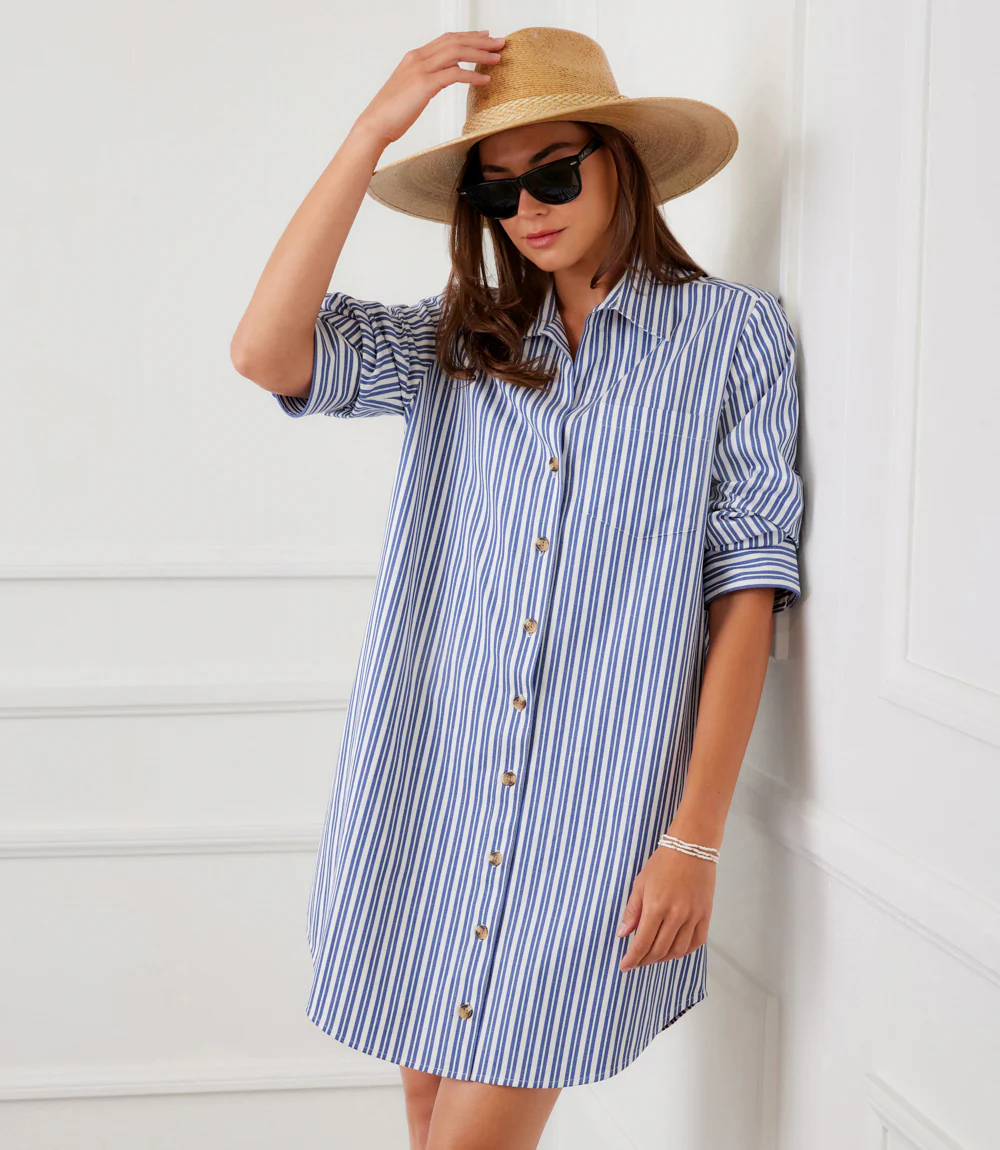 Stripe Ruched Sleeve Shirtdress - Image 2
