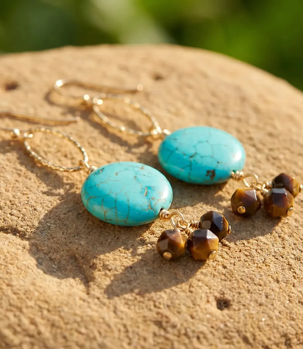 Tiger's Eye And Blue Magnesite Earrings - Image 3