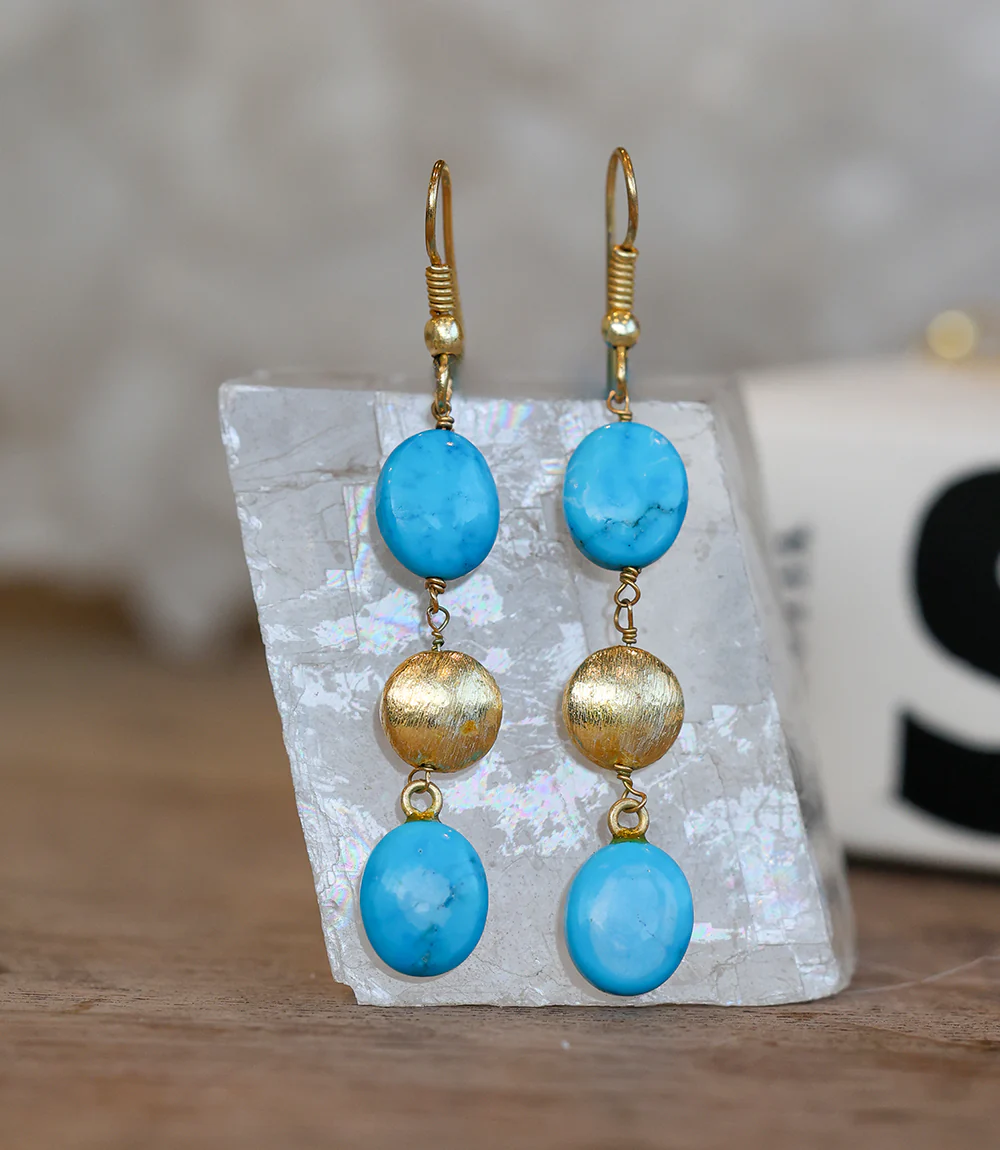 Turquoise And Gold Triple Drop Earrings - Image 2
