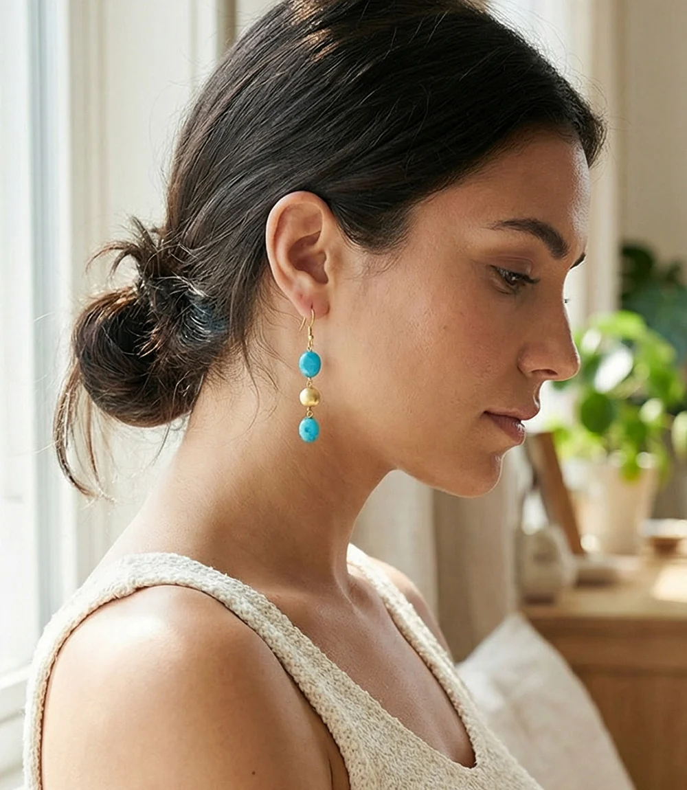 Turquoise And Gold Triple Drop Earrings - Image 3