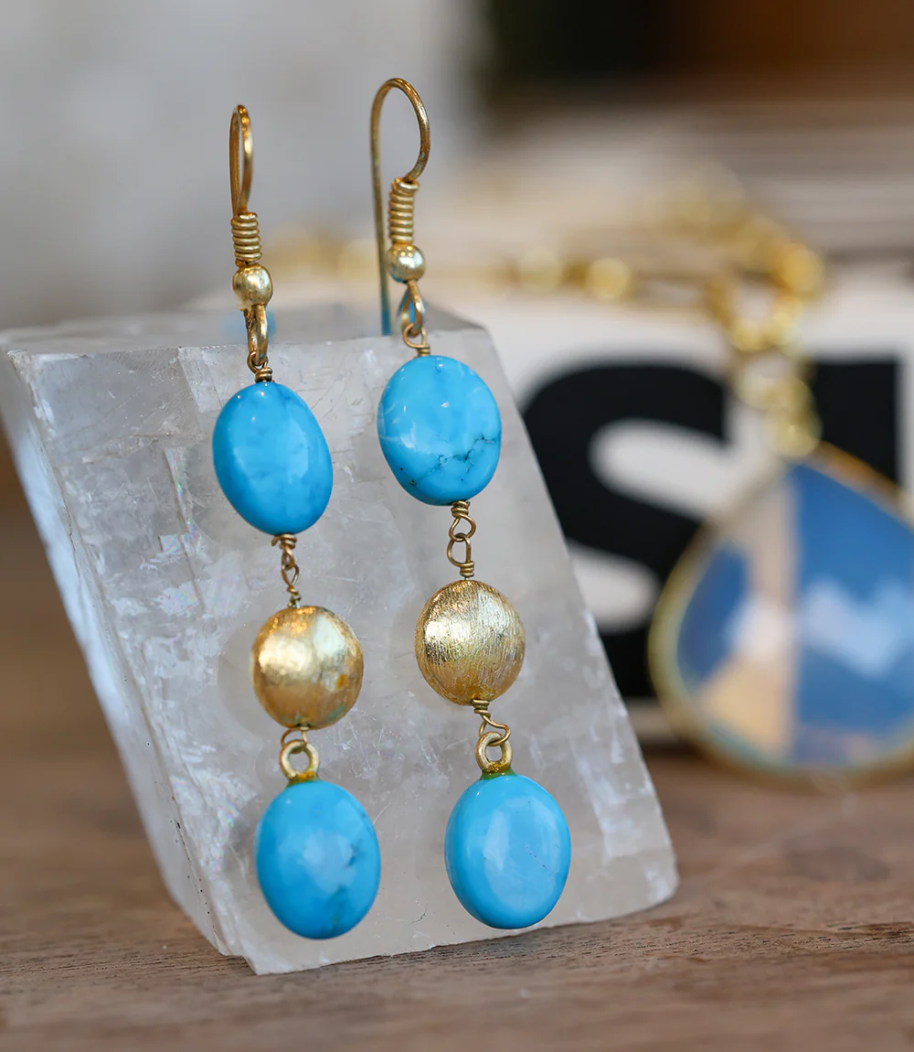 Turquoise And Gold Triple Drop Earrings - Image 6