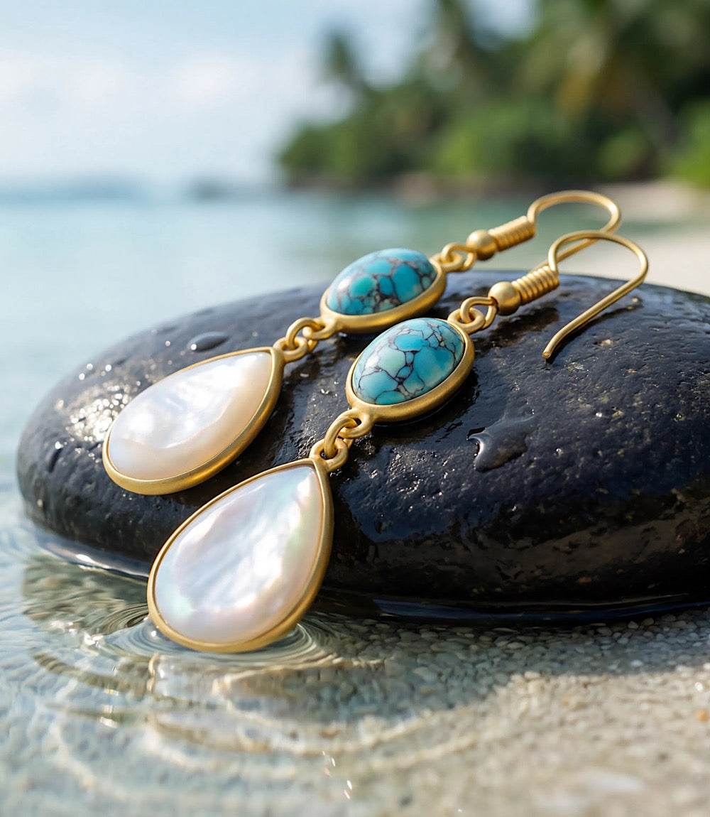 Turquoise And Pearl Teardrop Earrings - Image 2