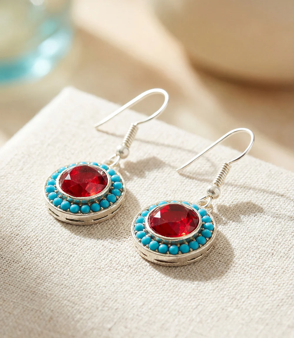 Turquoise And Red Coral Drop Earrings - Image 3