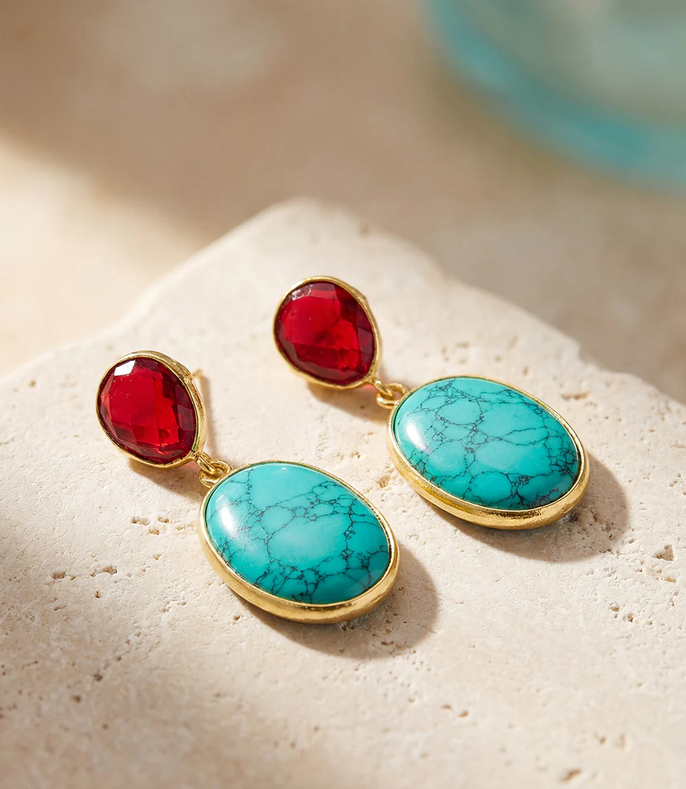 Turquoise And Ruby Crystal Earrings - Image 2