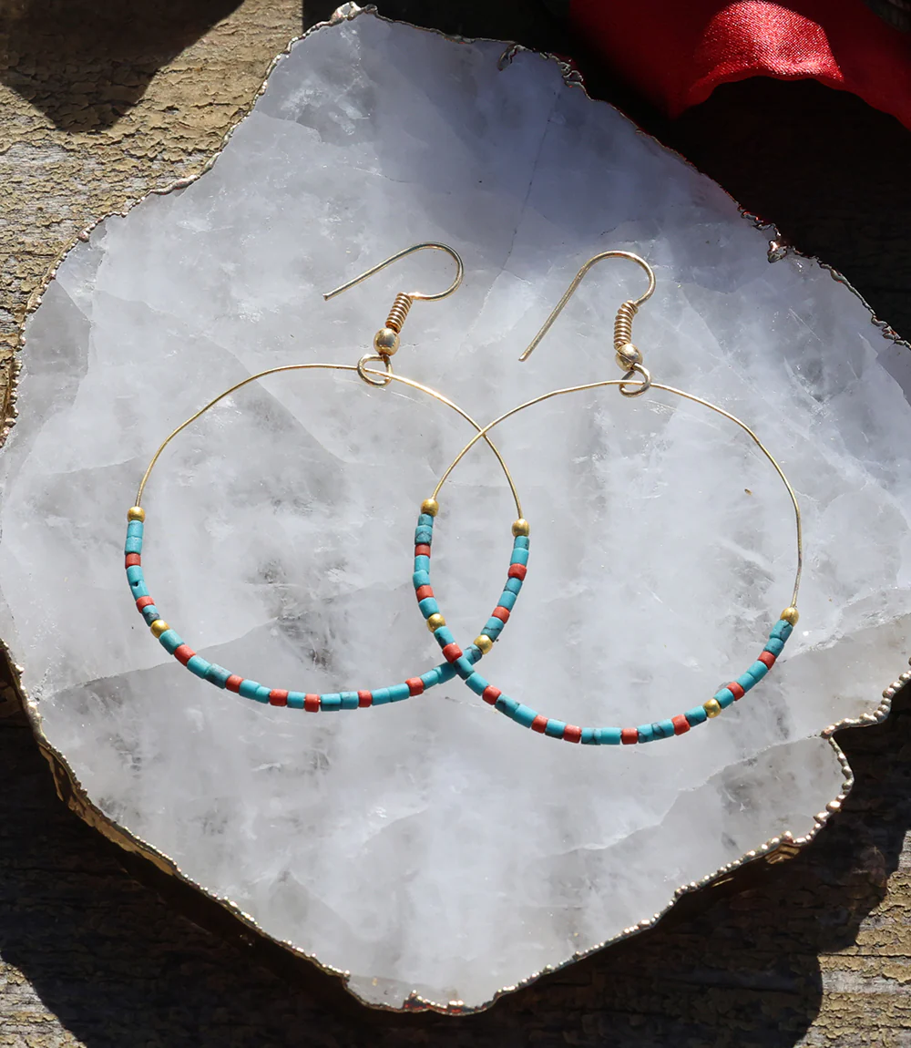 Turquoise And Red Coral Hoop Earrings - Image 2