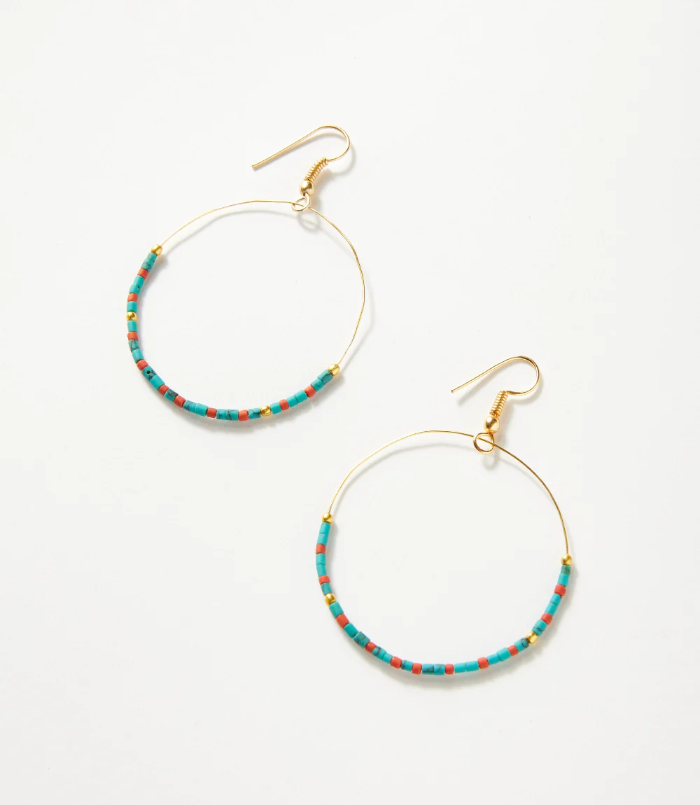 Turquoise And Red Coral Hoop Earrings - Image 3