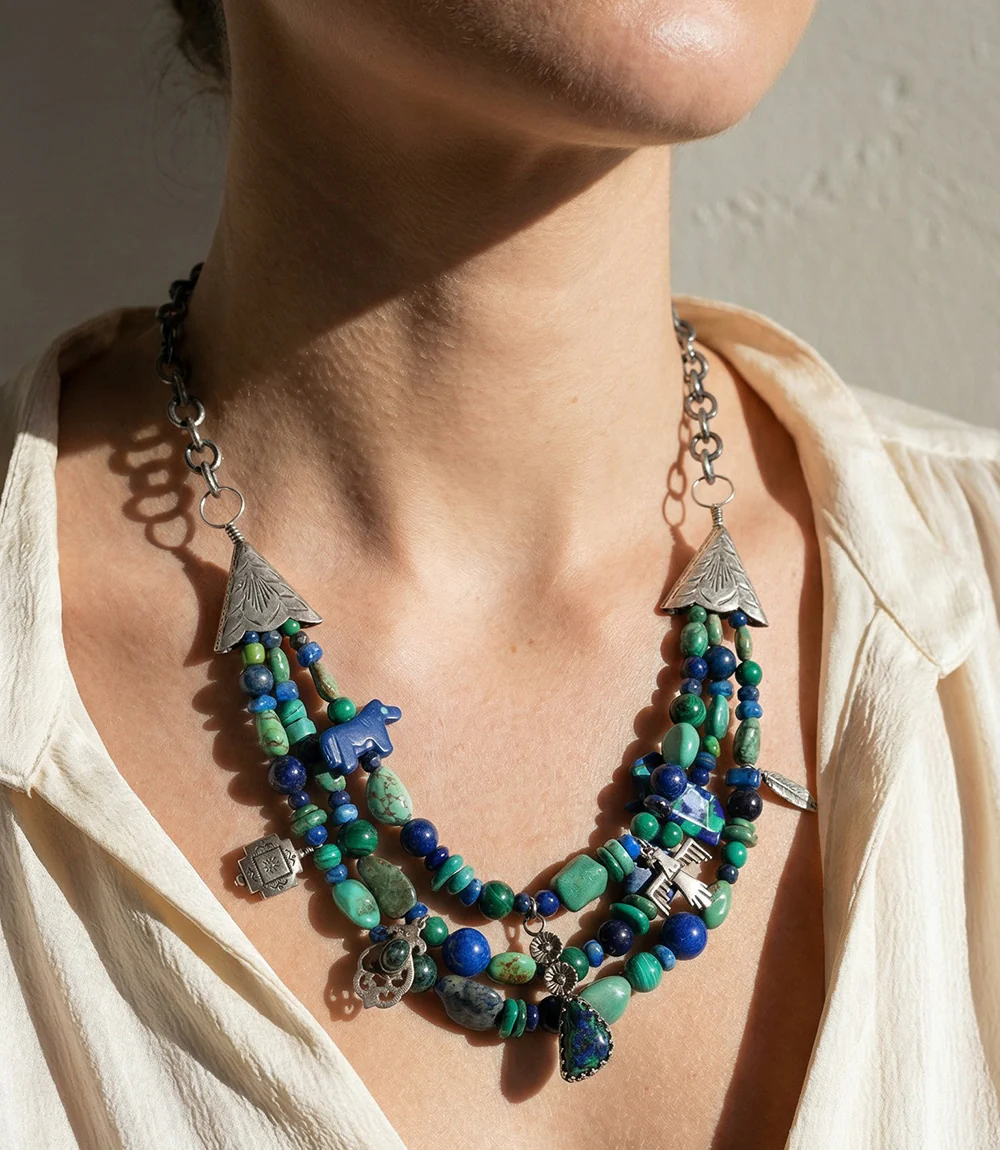 Turquoise, Lapis, Malachite, Multi Strand Necklace - Image 2