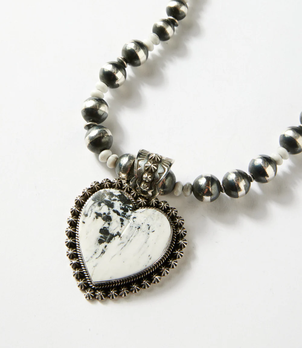 White Buffalo And Navajo Pearl Heart Necklace And Earring Set - Image 2