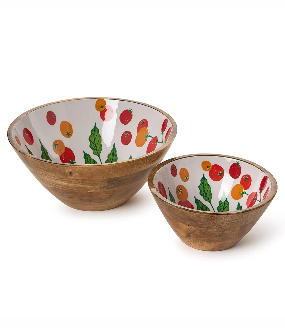 Wooden Enamel Tomato Print Serving Bowls, Set Of 2 - Image 2